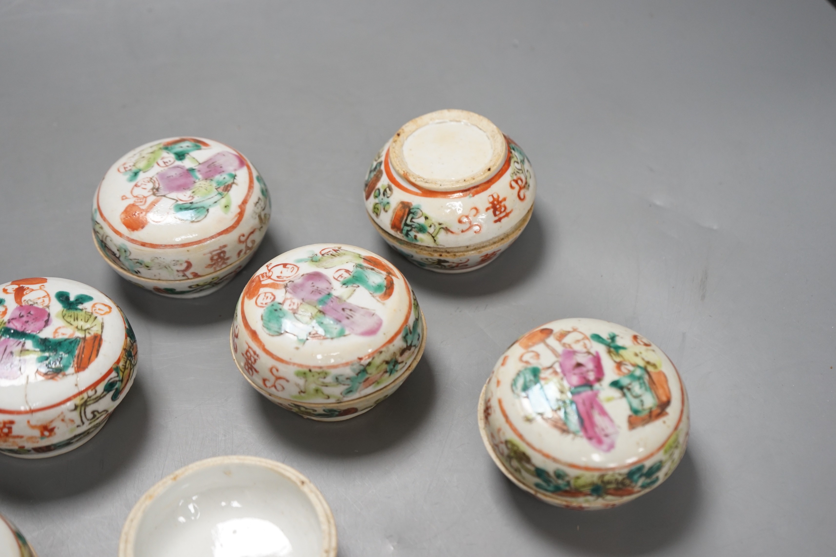 Six Chinese famille rose boxes and covers, 5 similar bases and various stands, early 20th century
